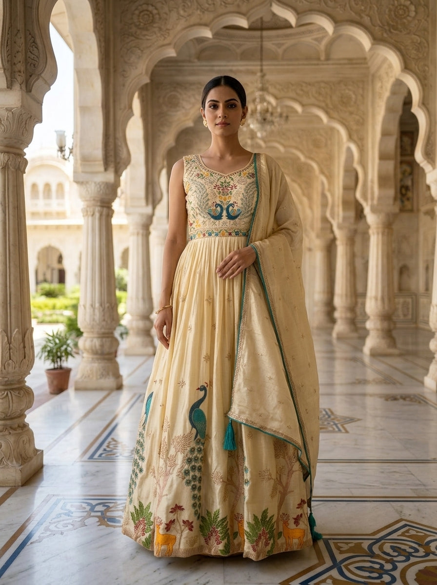 Neerus Beige Ethnic Embroidered Chinon Anarkali Suit Set