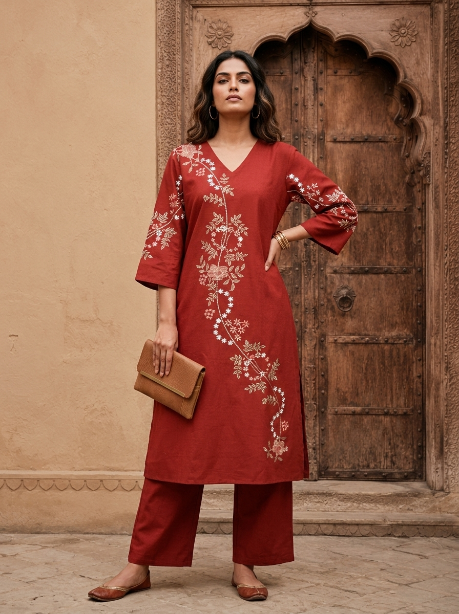 Maroon Cotton Floral Embroidery Two Piece Set - Neerus India