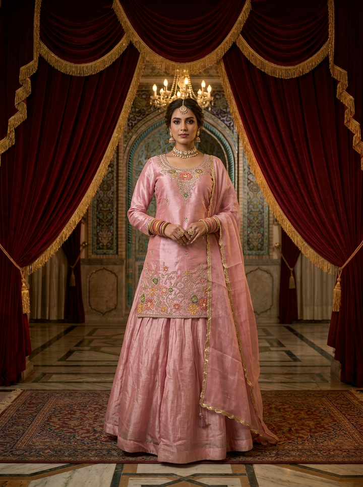 Neerus Pink silk hand embroidered suit set - front view