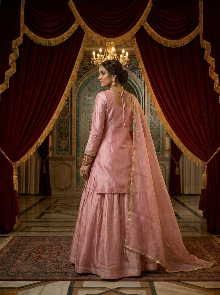 Neerus Pink silk hand embroidered suit set - back view
