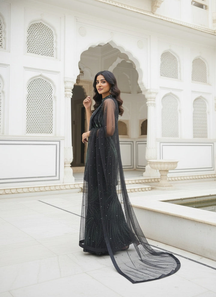 Neerus Black net embellished kurta palazzo suit set - back view