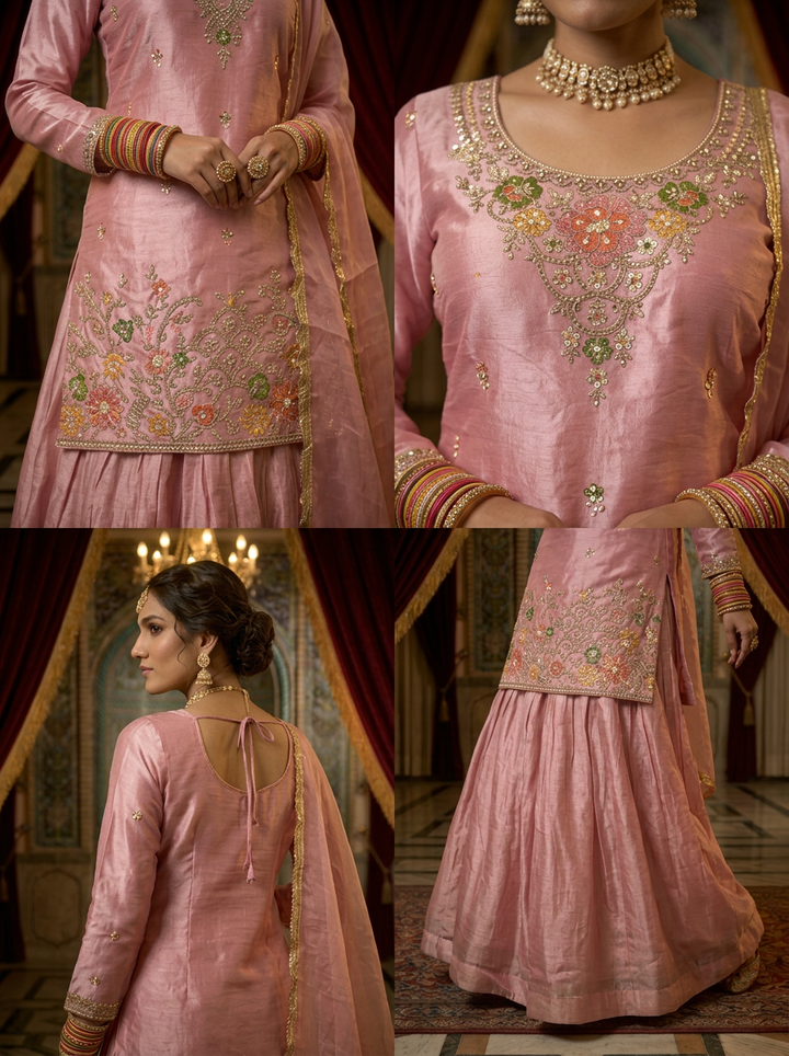 Neerus Pink silk hand embroidered suit set - side view