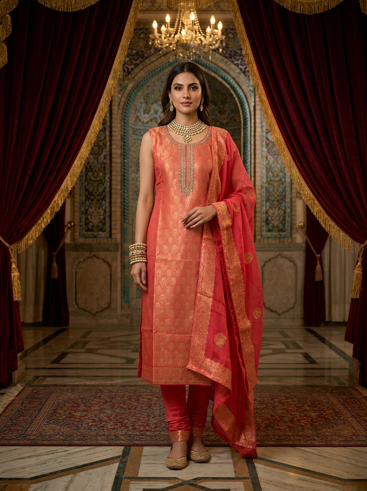 Neerus Pink tissue printed suit set - front view
