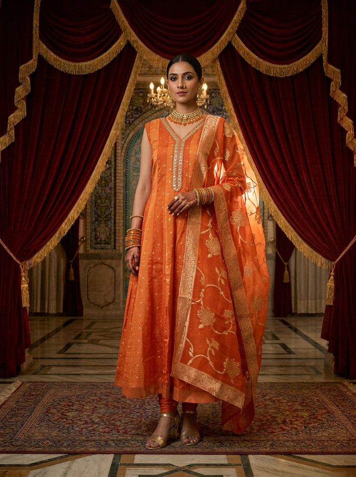 Neerus Orange tissue printed suit set - front view