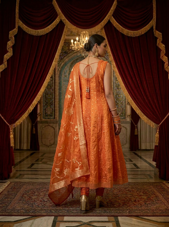 Neerus Orange tissue printed suit set - back view