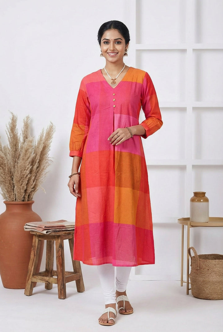 Neerus Pink orange colorblock cotton kurta - front view