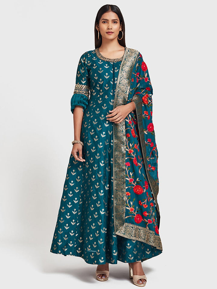 Neerus Blue printed anarkali kurta set - front view