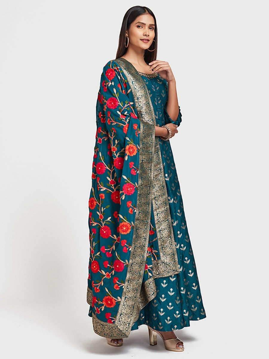 Neerus Blue printed anarkali kurta set - back view