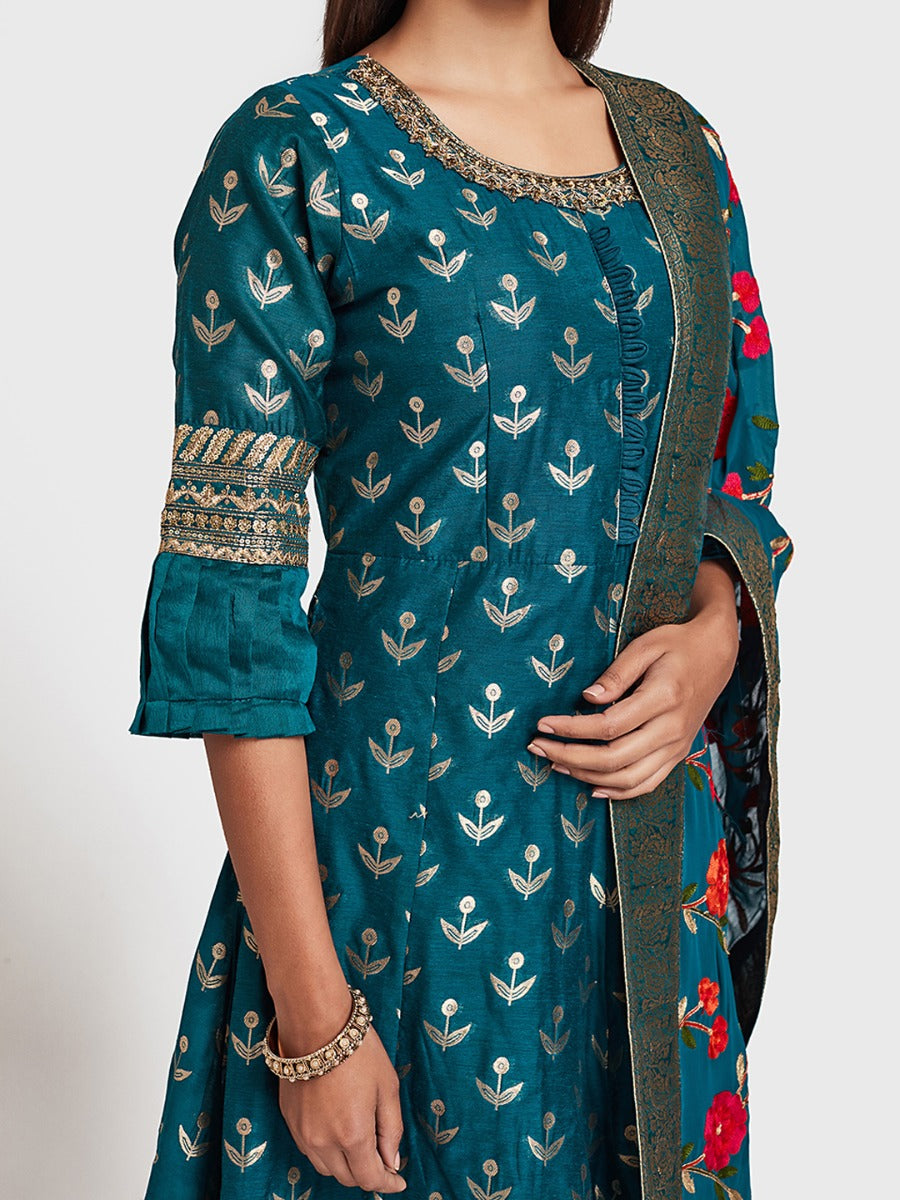 Neerus Blue printed anarkali kurta set - side view