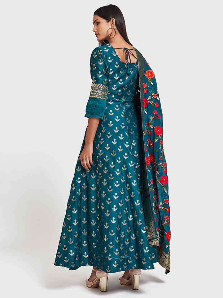 Neerus Blue printed anarkali kurta set - detail view 1