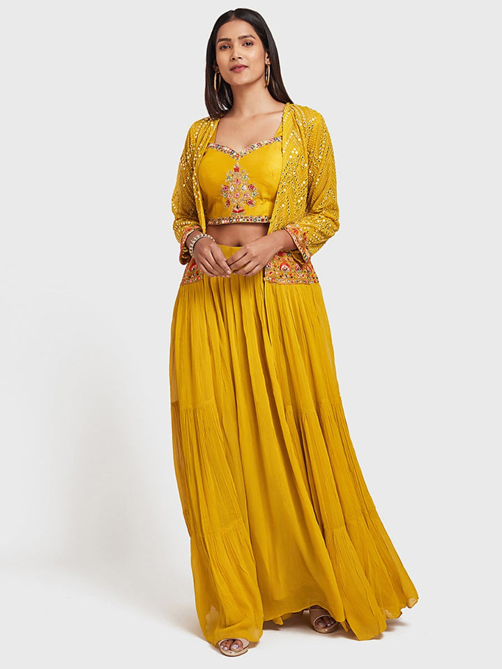 Neerus Yellow georgette anarkali suit set - front view
