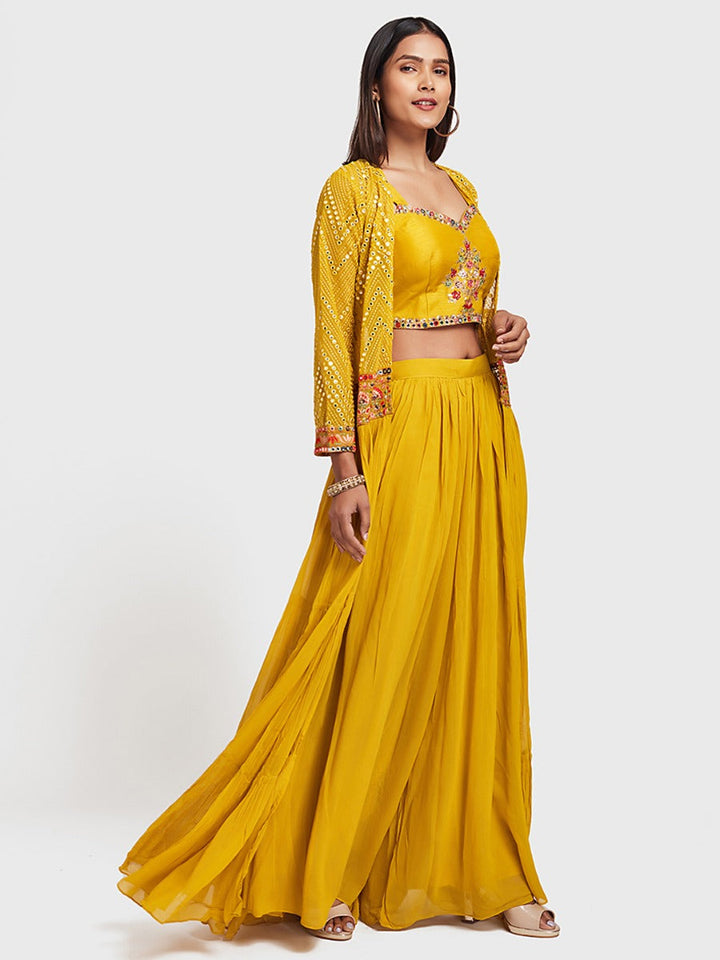 Neerus Yellow georgette anarkali suit set - back view