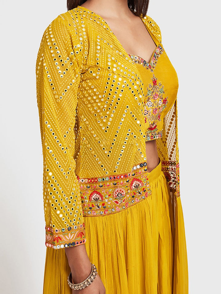 Neerus Yellow georgette anarkali suit set - side view