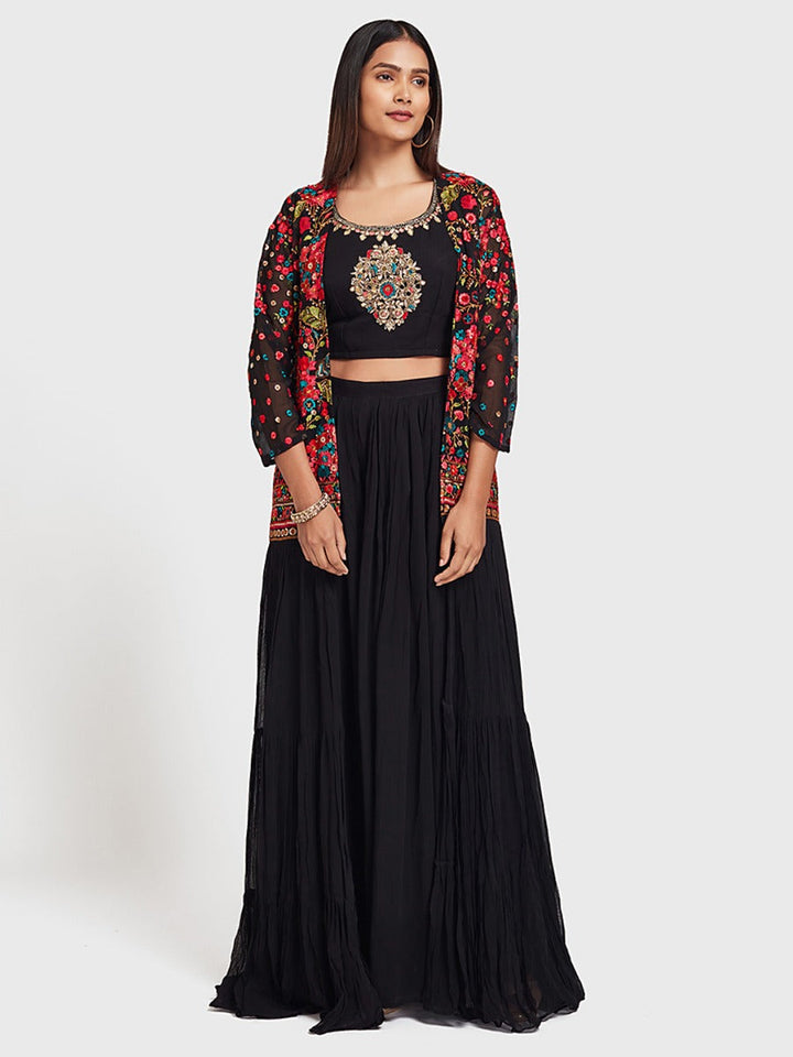 Neerus Black embroidered co-ord set anarkali top skirt shrug - front view