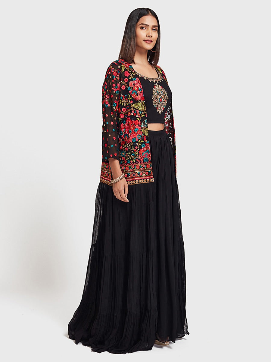 Neerus Black embroidered co-ord set anarkali top skirt shrug - back view