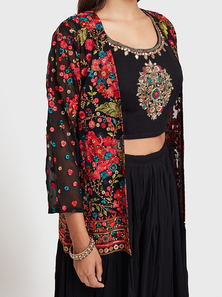 Neerus Black embroidered co-ord set anarkali top skirt shrug - side view
