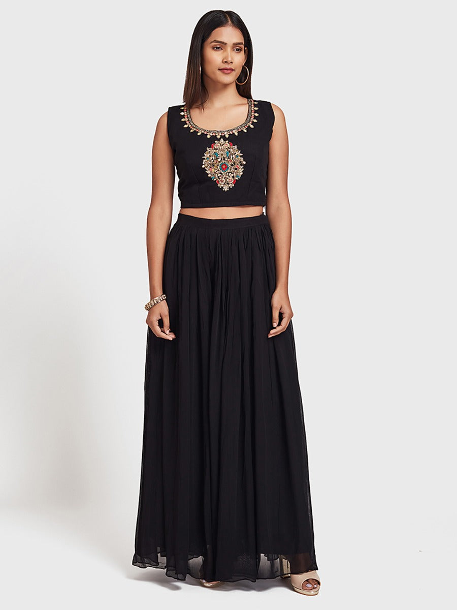 Neerus Black embroidered co-ord set anarkali top skirt shrug - detail view 1