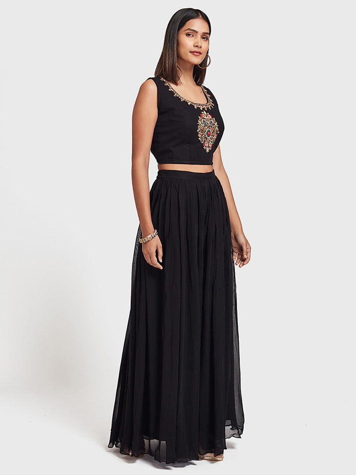 Neerus Black embroidered co-ord set anarkali top skirt shrug - detail view 2
