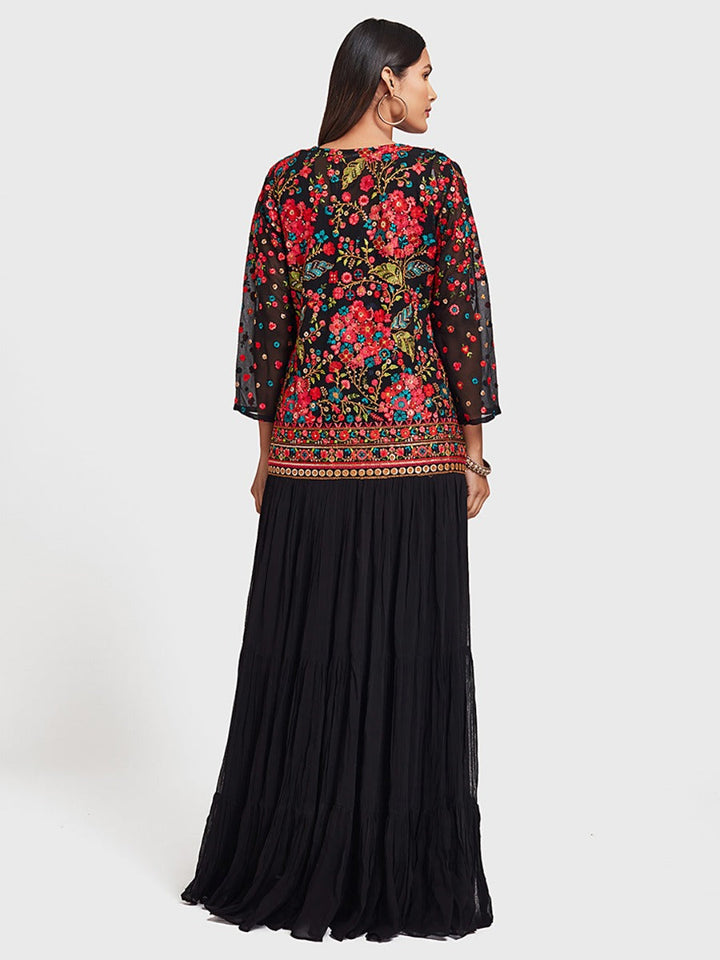 Neerus Black embroidered co-ord set anarkali top skirt shrug - detail view 3