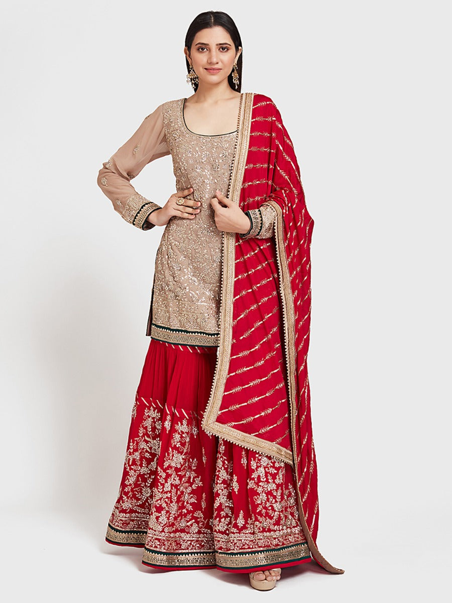Neerus Beige georgette embroidered lehenga ghagra set - front view