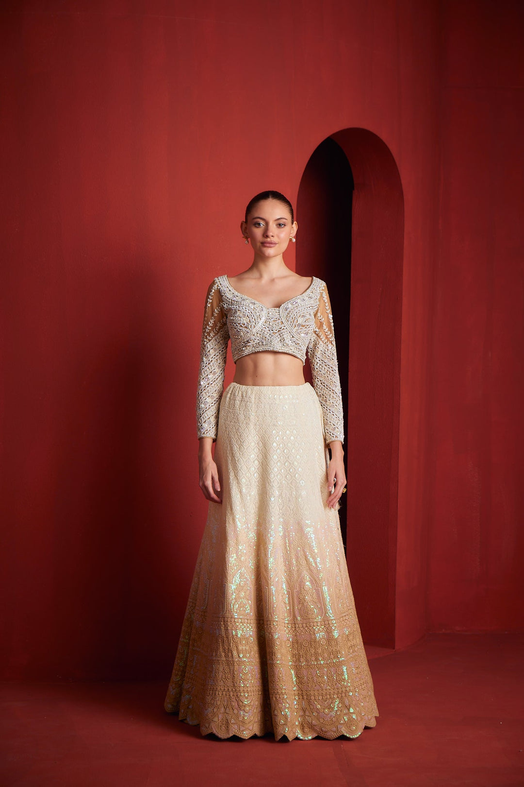 Neerus Beige georgette embellished lehenga set - front view