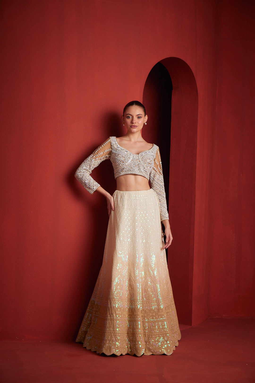 Neerus Beige georgette embellished lehenga set - back view