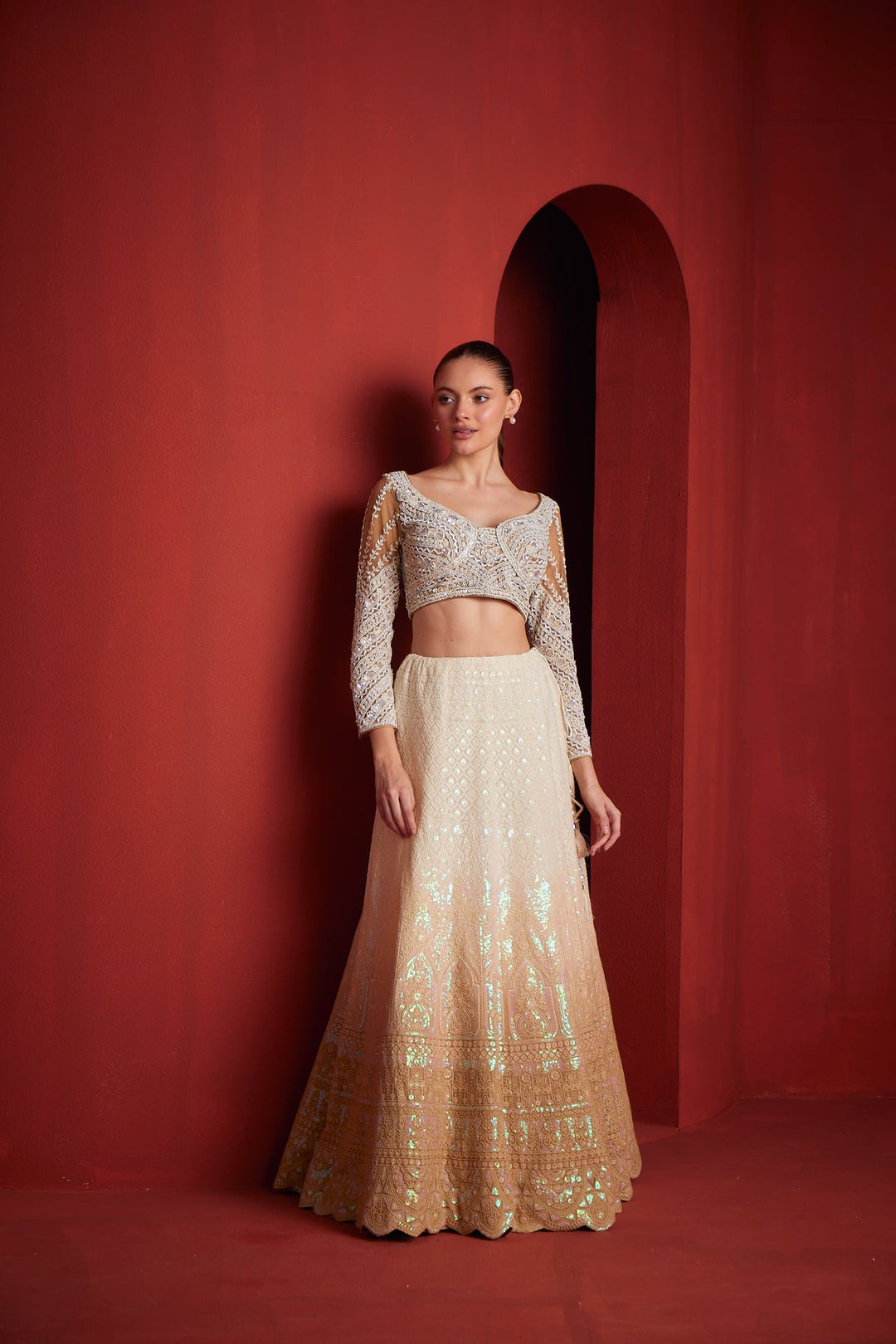Neerus Beige georgette embellished lehenga set - side view