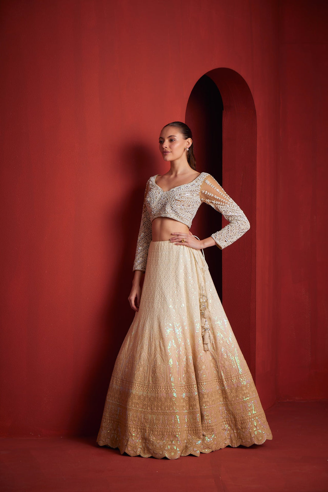 Neerus Beige georgette embellished lehenga set - detail view 1