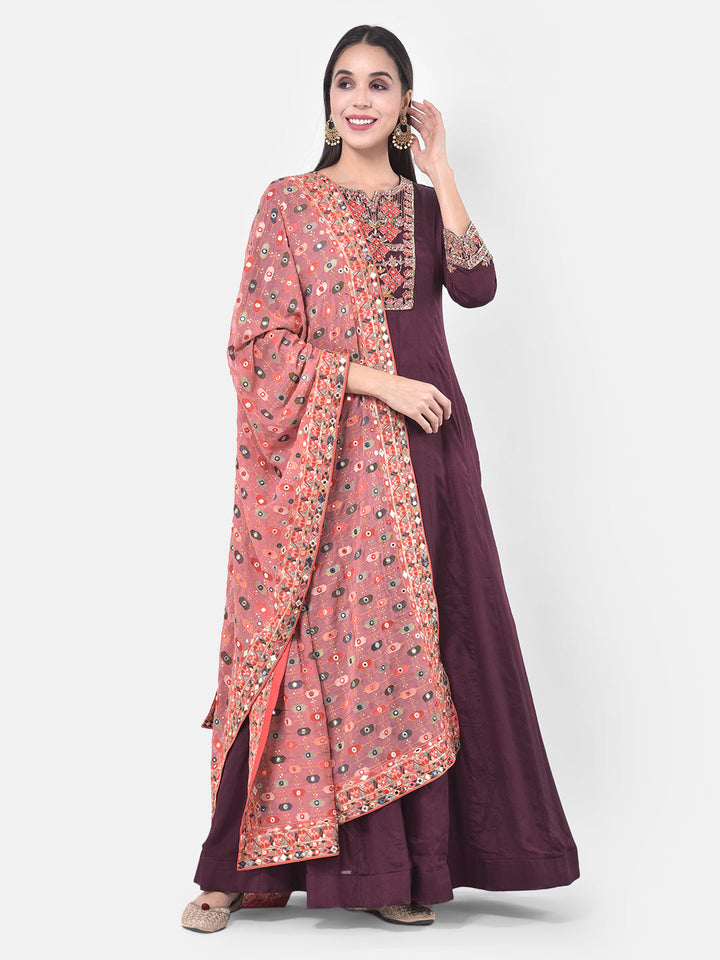 Neerus Purple embroidered anarkali kurta set - front view