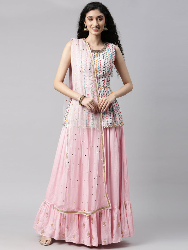 Neerus Pink georgette printed kurta set - front view