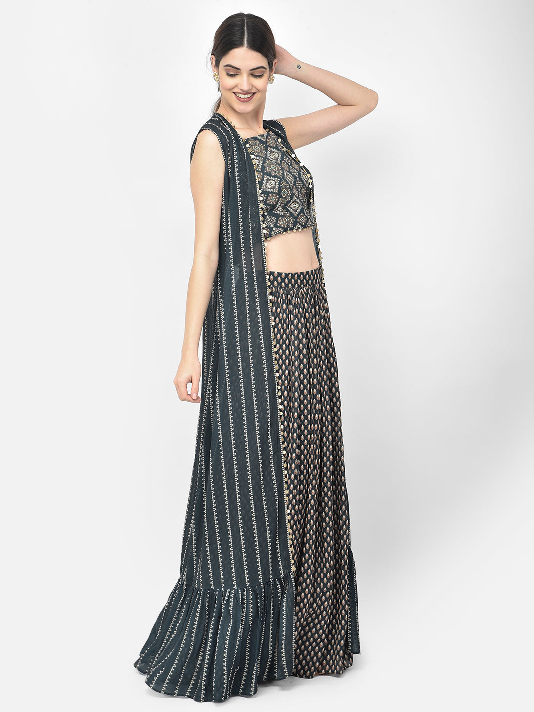 Neerus Blue georgette printed suit set - front view