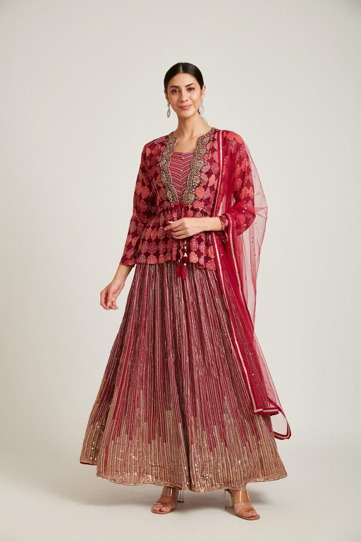 Neerus Pink georgette kurta set ethnic wear - front view