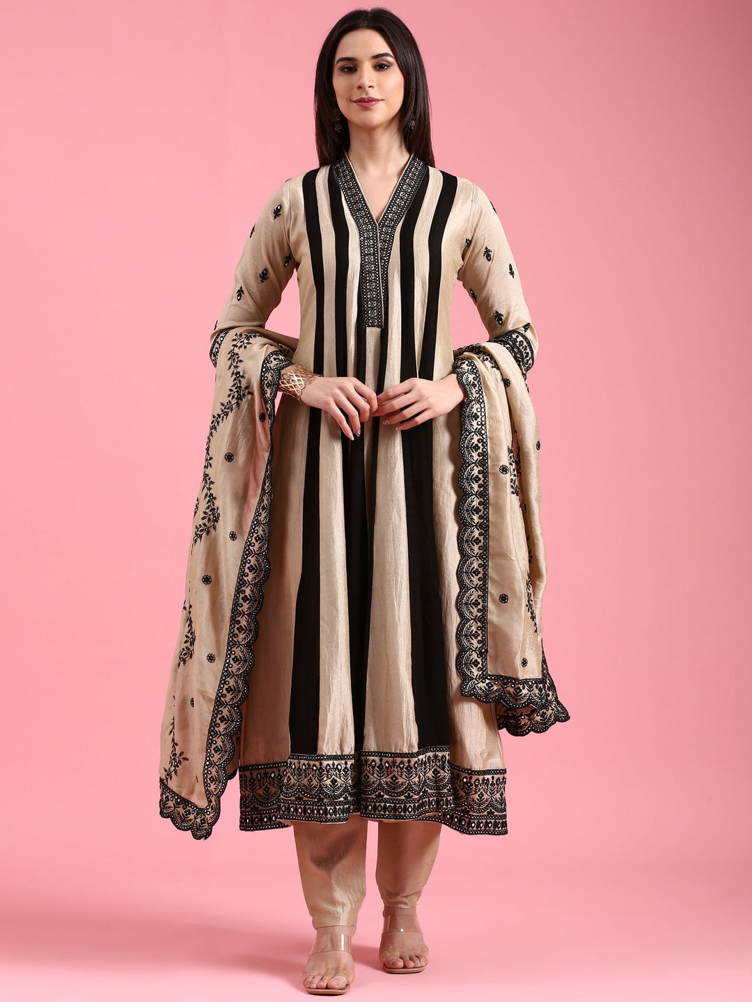 Neerus Beige silk embroidered flared suit set - back view