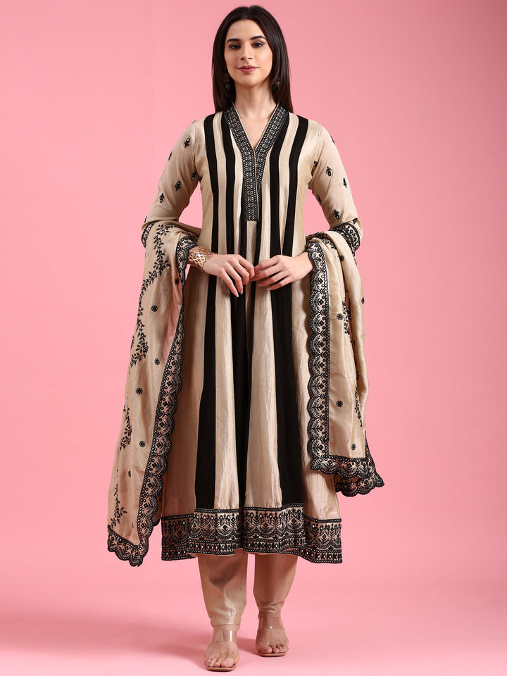 Neerus Beige silk embroidered flared suit set - back view