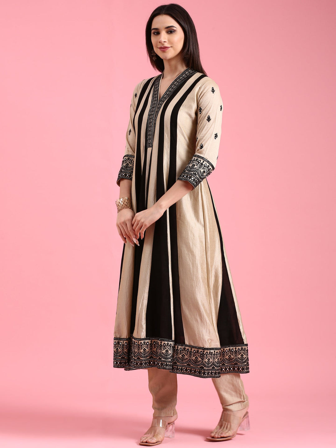 Neerus Beige silk embroidered flared suit set - side view