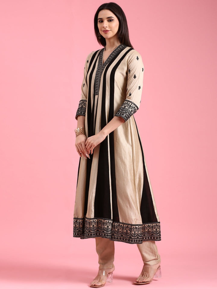 Neerus Beige silk embroidered flared suit set - side view