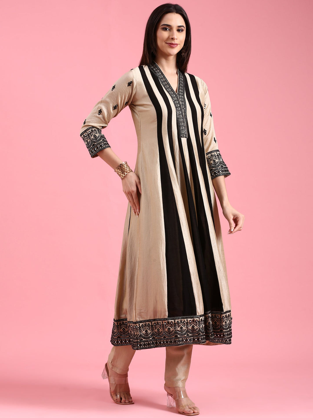 Neerus Beige silk embroidered flared suit set - front view