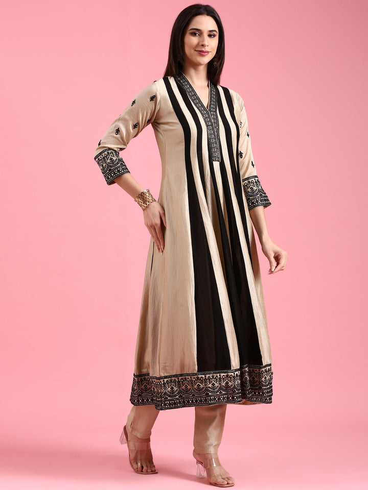 Neerus Beige silk embroidered flared suit set - front view