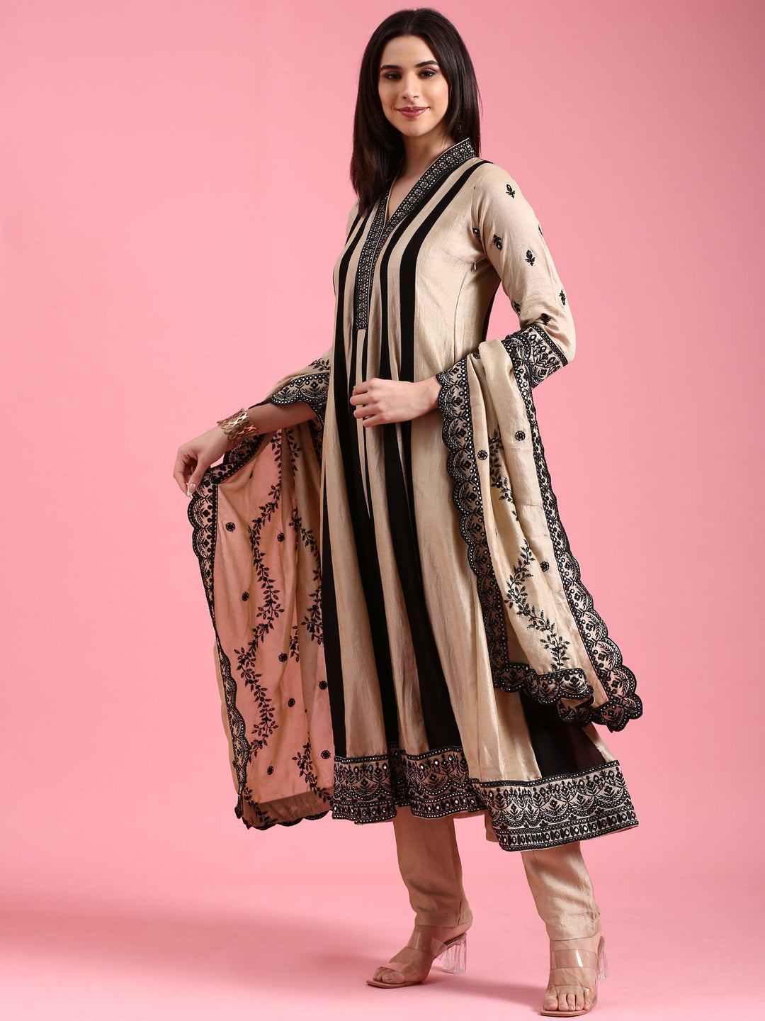Neerus Beige silk embroidered flared suit set - detail view 3