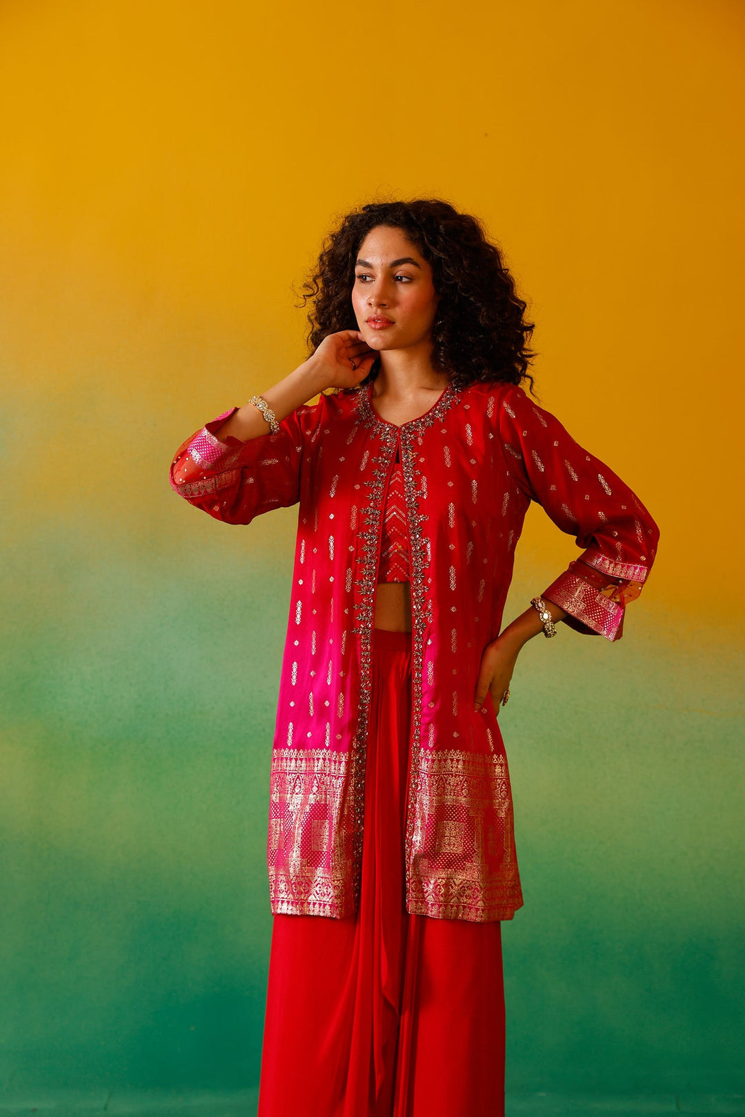 Neerus Red silk embroidered co-ord set - side view