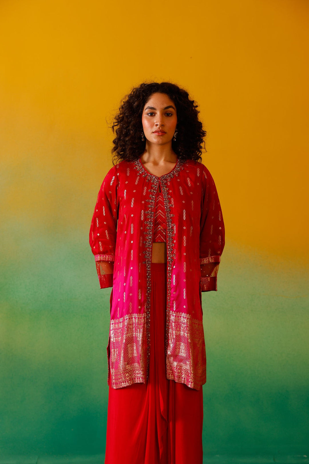 Neerus Red silk embroidered co-ord set - detail view 1