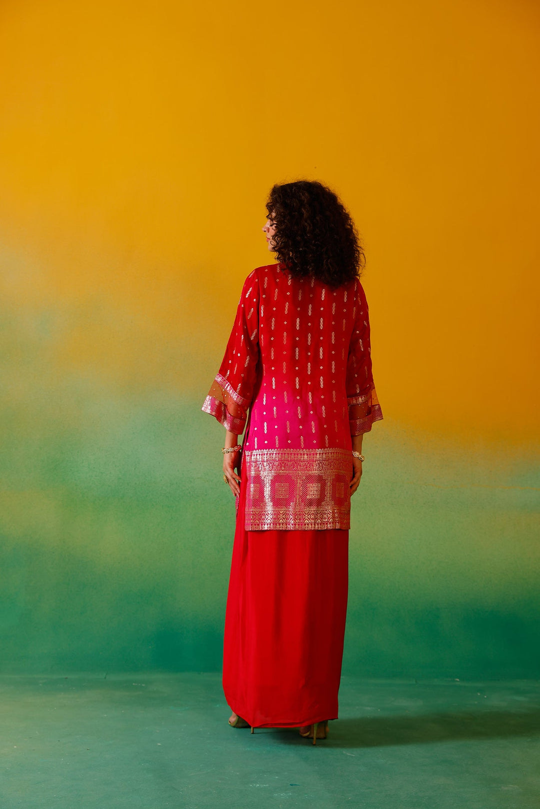 Neerus Red silk embroidered co-ord set - back view