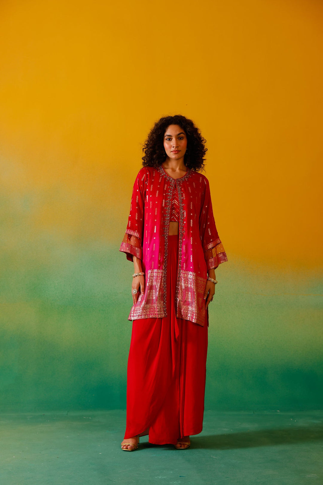Neerus Red silk embroidered co-ord set - detail view 8