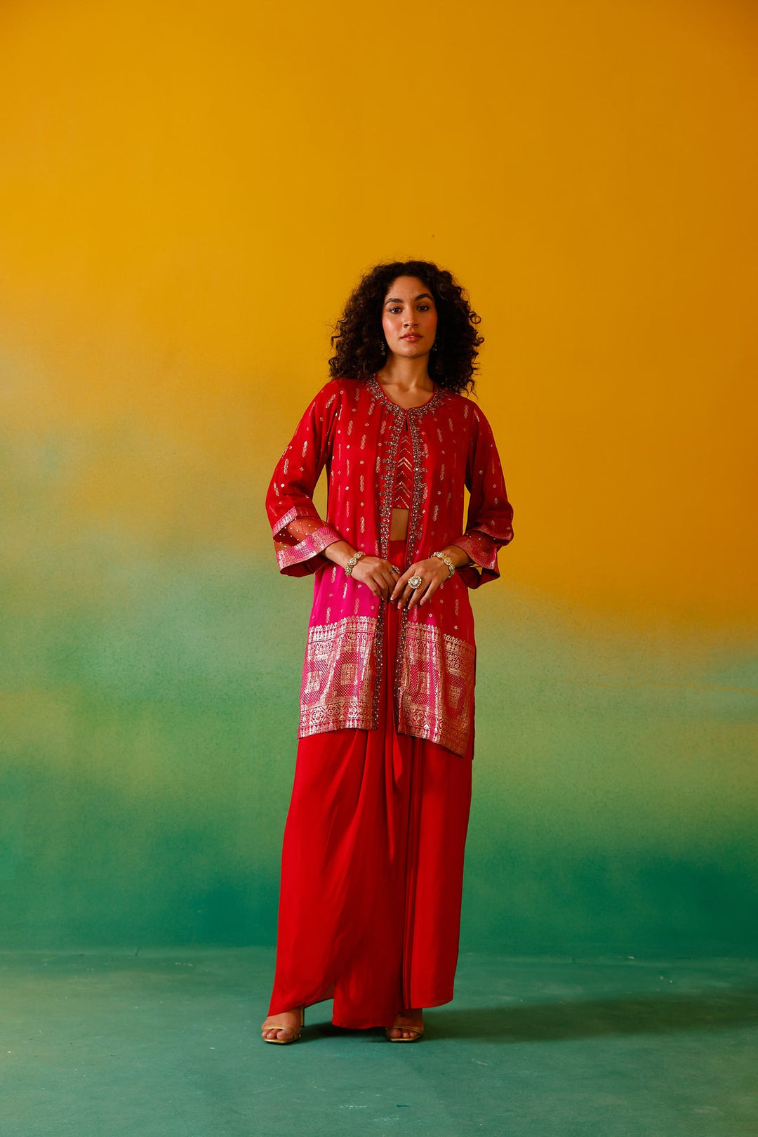 Neerus Red silk embroidered co-ord set - detail view 2