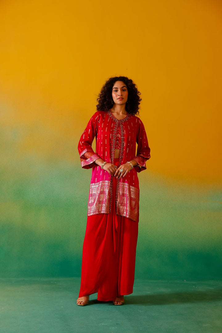 Neerus Red silk embroidered co-ord set - detail view 2