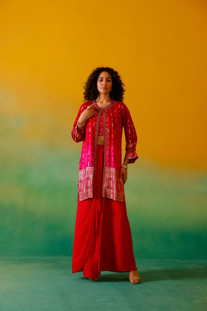 Neerus Red silk embroidered co-ord set - detail view 3