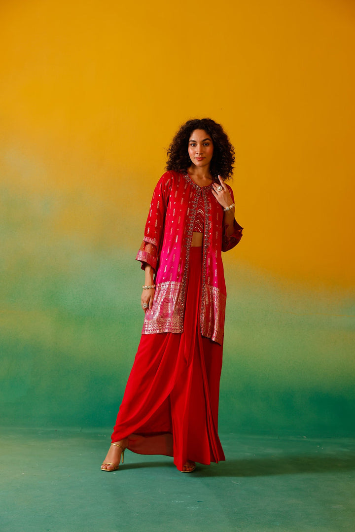 Neerus Red silk embroidered co-ord set - detail view 4
