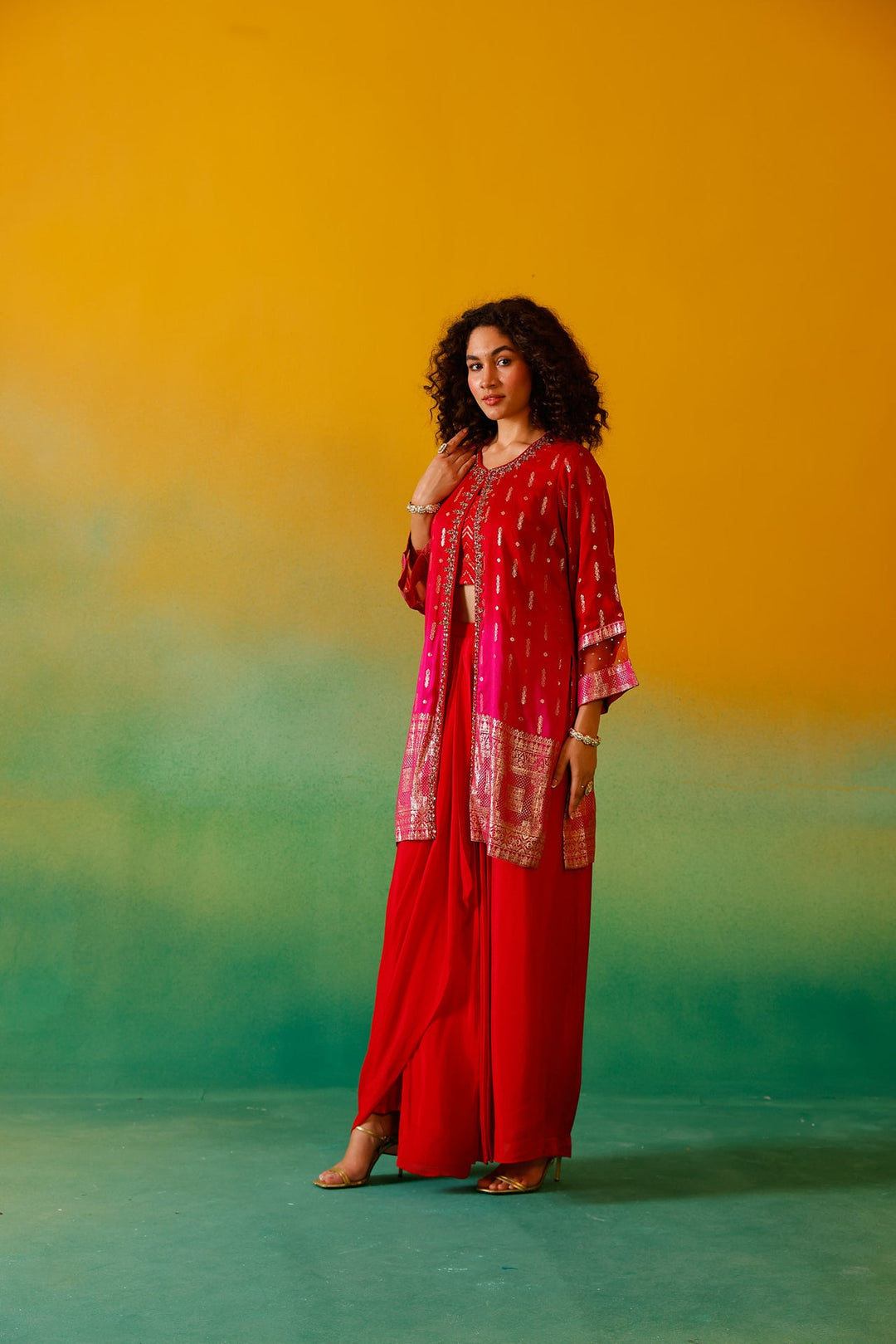 Neerus Red silk embroidered co-ord set - detail view 5
