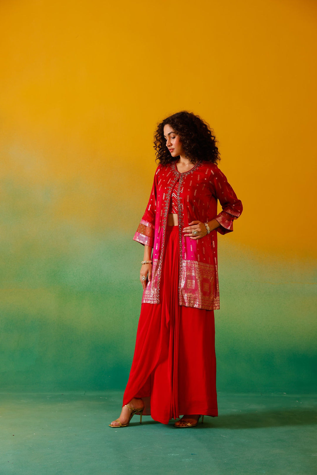Neerus Red silk embroidered co-ord set - detail view 6