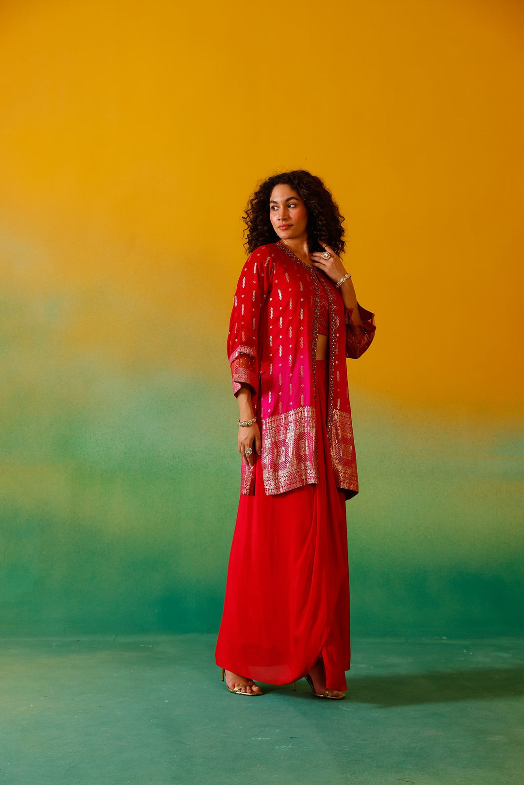 Neerus Red silk embroidered co-ord set - detail view 7